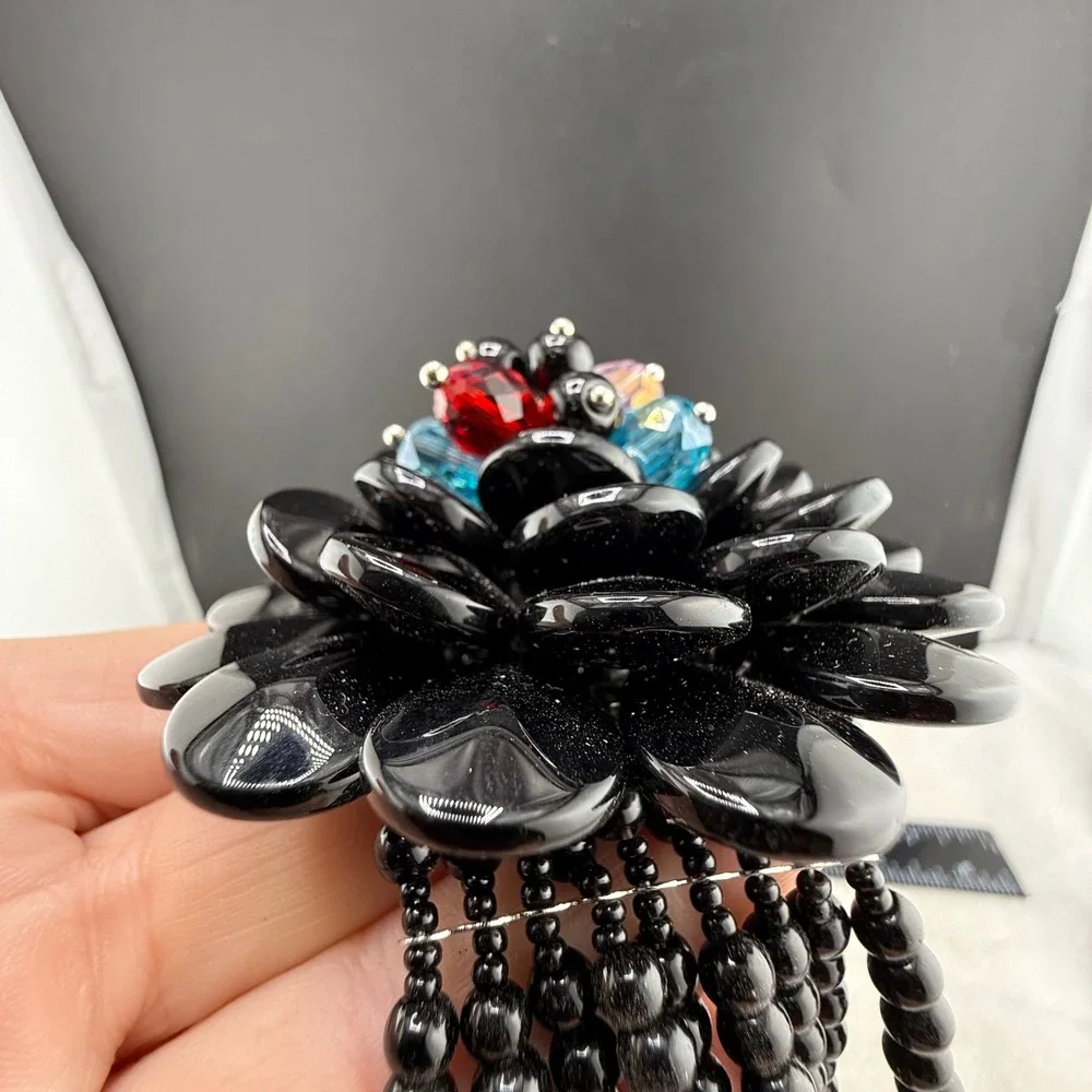 Joan Rivers Necklace Black Glass Floral Tassel Multi Strand 20